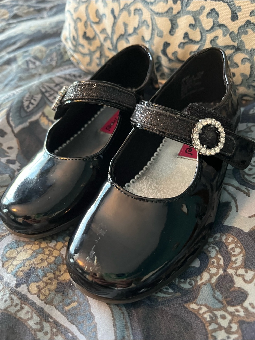 Rachel Shoes Black Patent Mary Jane with Rhinestone Circle Buckle